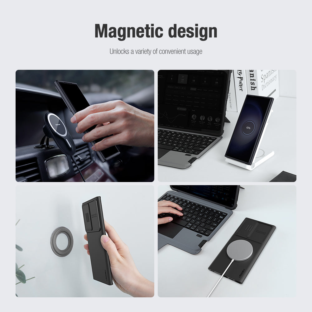 NILLKIN For Samsung Galaxy S23 Ultra Magnetic Cover PC + Silicone Slide Camera Lid Phone Case Compatible with MagSafe - Black NILLKIN For Samsung Galaxy S23 Ultra Magnetic Cover PC + Silicone Slide Camera Lid Phone Case Compatible with MagSafe - Black